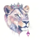 the head and chest of a lioness wearing a silver crown and the crown has 3 pink gem stones, one at each peak of the crow tattoo design idea