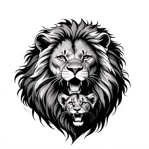 roaring Lion protecting cub lion tattoo design idea