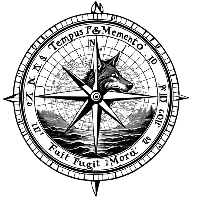 compass with a nautical map inside, text "Tempus Fugit Memento Mori",oceans, sunset mearged with wolf head, forest tattoo design idea