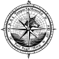 compass with a nautical map inside, text "Tempus Fugit Memento Mori",oceans, sunset mearged with wolf head, forest tattoo design idea