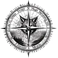 compass with a nautical map inside, text "Tempus Fugit Memento Mori",oceans, sunset mearged with wolf head, forest tattoo design idea