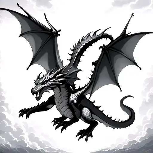 nightshade dragon flying in sky with clouds and lightening in the background tattoo design idea