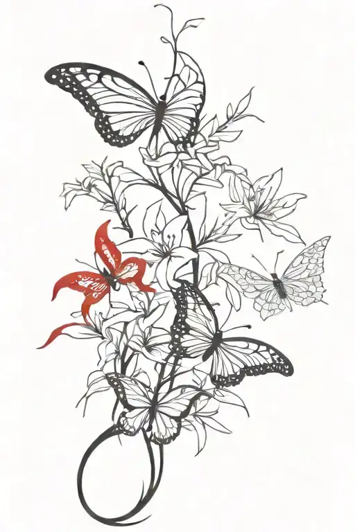 rib cage with red spider lilys and wispy butterfly's  tattoo design idea