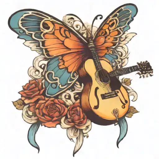 butterfly broken wing with guitar intertwined tattoo design idea