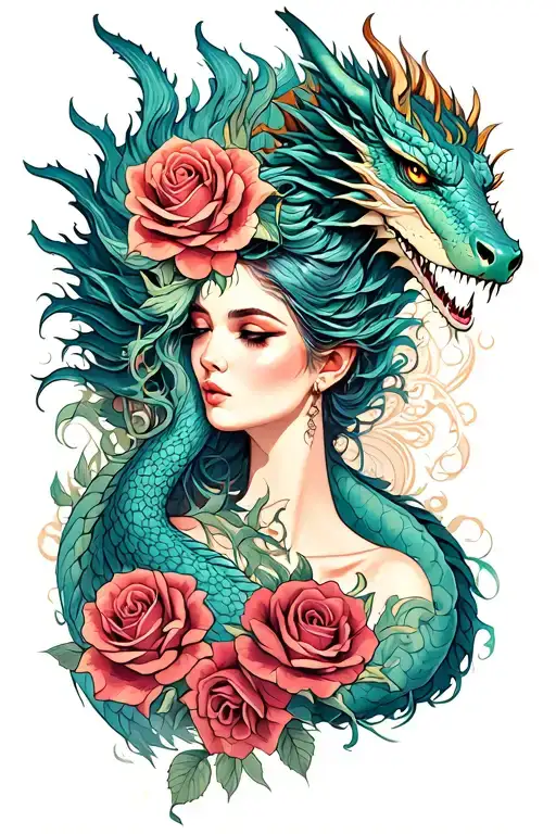 Woman and dragon with roses intertwined tattoo design idea