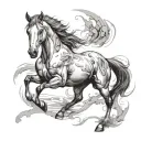 Create a high-detail, realistic tattoo design of a horse in motion, similar to the provided reference image. The left si tattoo design idea
