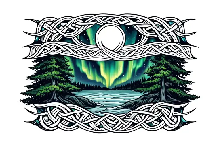 Celtic armband tattoo with trees and aurora borealis and bear tracks tattoo design idea