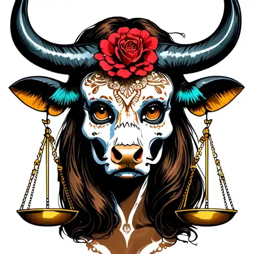 woman full body bull with sugar skull markings, brown eyes and two Libra scales with extra dark background tattoo design idea
