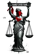 "Family over Fame" lady justice statue cracked holding scales blindfolded by red bandana with words "family" and "fame" on opposing sides  tattoo design idea