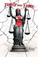 "Family over Fame" lady justice statue cracked holding scales blindfolded by red bandana with words "family" and "fame" on opposing sides  tattoo design idea