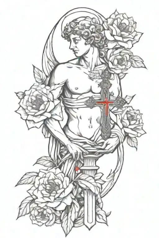 Eros and Psyche statue with red peonies wrapped around and a rosary with a cross  tattoo design idea