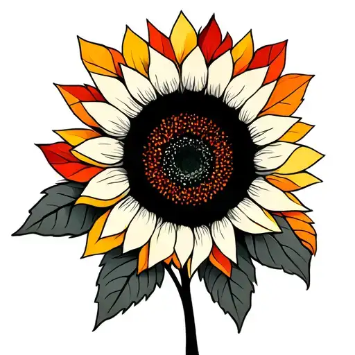 A geometric sunflower with fall-colored petals and leaves swirling around it tattoo design idea