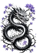 korean dragon intertwined with vines and violet flowers tattoo design idea