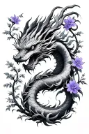 korean dragon intertwined with vines and violet flowers tattoo design idea