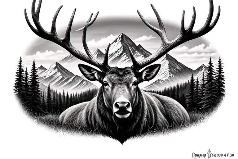 elk head mountain black tattoo design idea