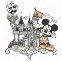 Disney castle middle. Mickey misty pumpkin left. Mickey mouse gingerbead right tattoo design idea