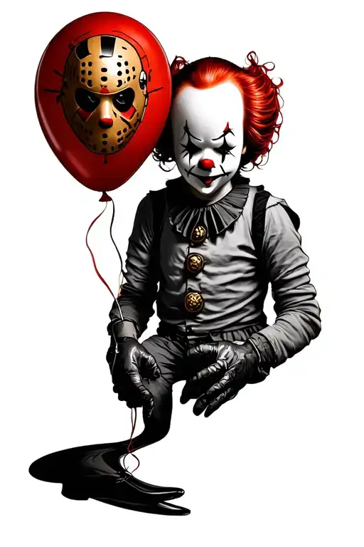 pennywise wearing Freddy Krueger glove, holding red balloon that's reflecting the mask of Jason Voorhees,Michael Myers  tattoo design idea