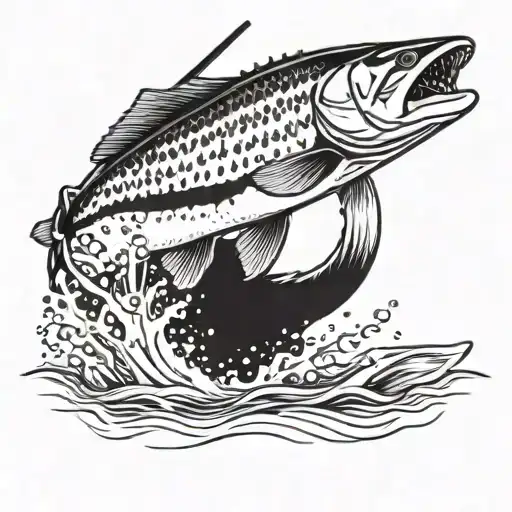 A detailed blackwork tattoo of a trout jumping out of the water with a hockey stick in its mouth tattoo design idea