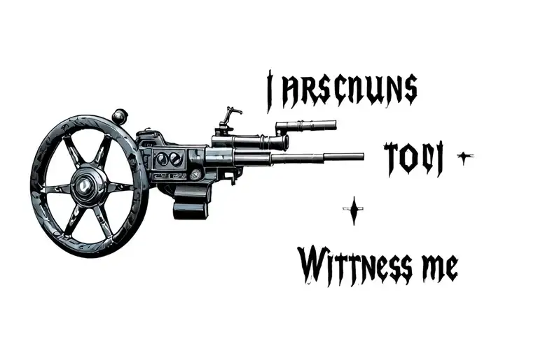 mad max fury road theme shoulder tattoo including the metal steering wheel and witness me text tattoo design idea