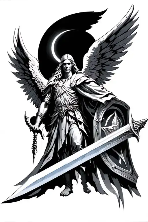 archangel gabriel greatsword and greatshield tattoo design idea