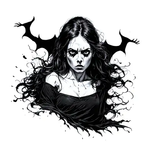 Create me my next tattoo. It's a woman from the front, quite scared. Behind her a black shadow that comes to take her tattoo design idea