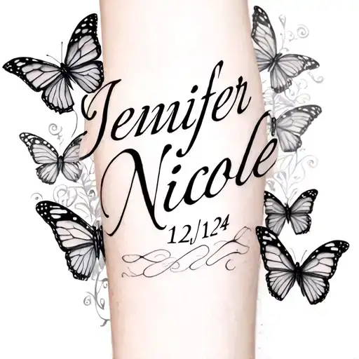 medium size forearm tattoo that says "Jennifer Nicole" in cursive with butterflies along the bottom as well as "12/21/24 tattoo design idea