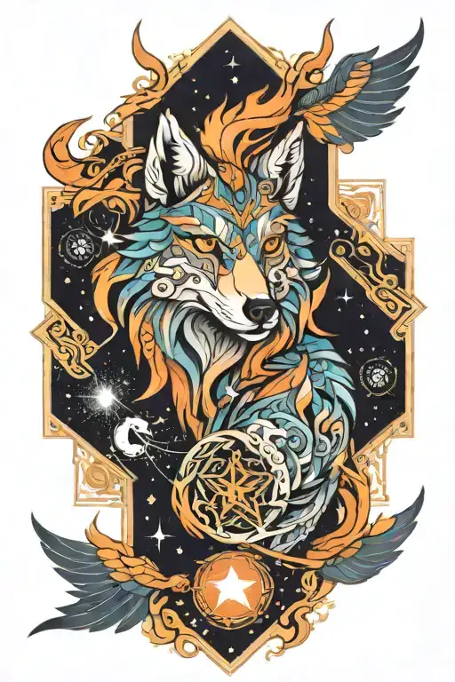 Combine a mythical creature (like a winged wolf or phoenix) surrounded by geometric patterns and cosmic elements (stars  tattoo design idea