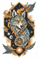 Combine a mythical creature (like a winged wolf or phoenix) surrounded by geometric patterns and cosmic elements (stars  tattoo design idea