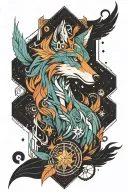 Combine a mythical creature (like a winged wolf or phoenix) surrounded by geometric patterns and cosmic elements (stars  tattoo design idea
