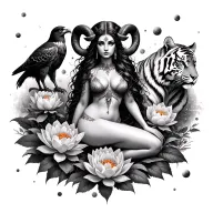 sexy aries goddess surrounded by lotus and peony flowers growing with a hawk and a tiger in a galaxy landscape with mars tattoo design idea