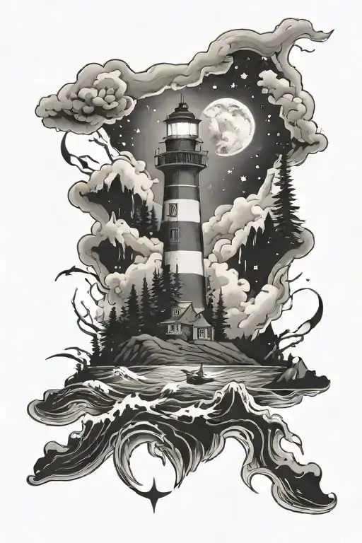 Ocean waves crashing, forest mountains, light house with the North Star and northern lights in the sky  tattoo design idea