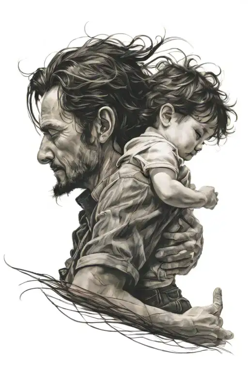 A three-year-old boy, hair blowing in the wind, holding his father’s hand. The father, tall and dark-haired, is hanging  tattoo design idea