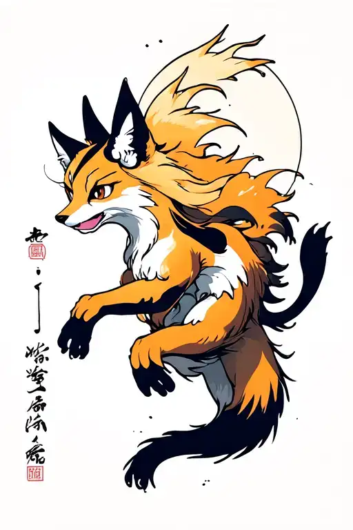 Kitsune leaping out of ink japanese writing going down a path of tori gates tattoo design idea