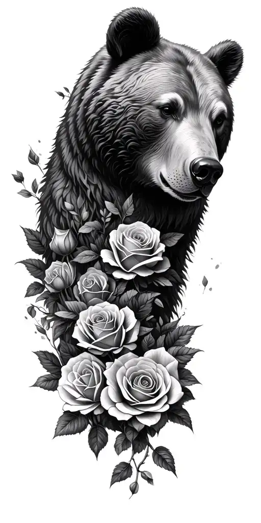 bear head surrounded roses wrapped trees looking through lens tattoo design idea