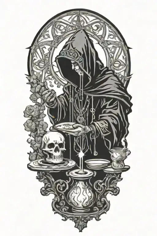 Hodded alchemist performing ritual, jewelry, tarot cards, candles tattoo design idea
