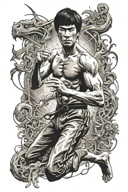 combination of bruce lee, harry potter and magical mystical elements tattoo design idea