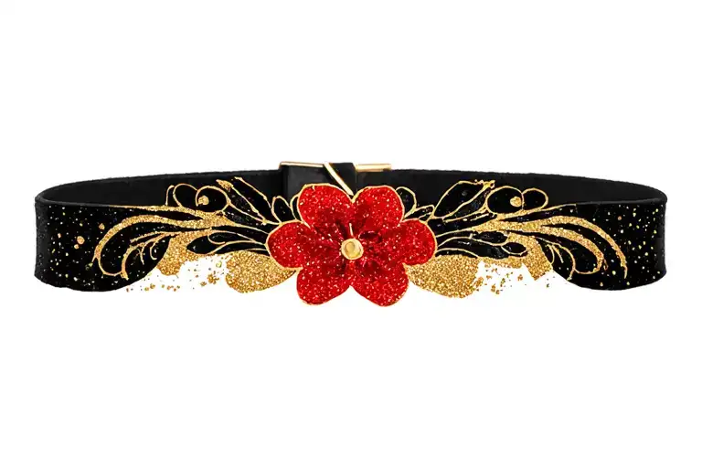  black and red with gold glitter dainty womens neck choker tattoo design idea