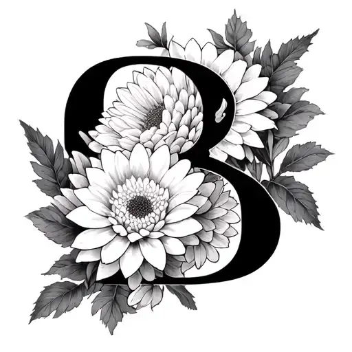 Black and white Japanese Chrysanthemums with letter B within  tattoo design idea