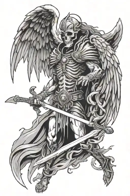 God of death thanatos with oce wings spreading holding a silver sword tattoo design idea