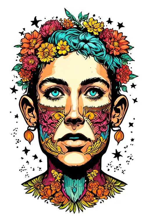 Colored tattoo design: a fully filled square tattoo with no empty spaces, featuring a person with a blank face surrounde tattoo design idea