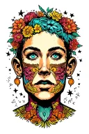 Colored tattoo design: a fully filled square tattoo with no empty spaces, featuring a person with a blank face surrounde tattoo design idea