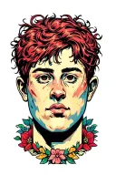 Colored tattoo design: a fully filled square tattoo with no empty spaces, featuring a person with a blank face surrounde tattoo design idea