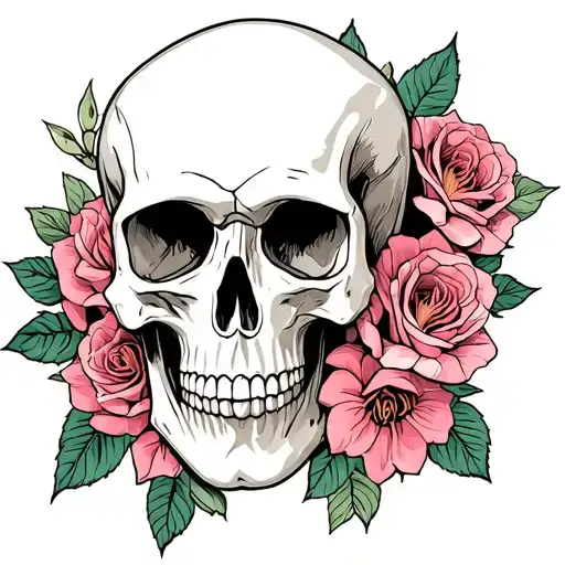 skull surrounded by a rose and azalea tattoo design idea