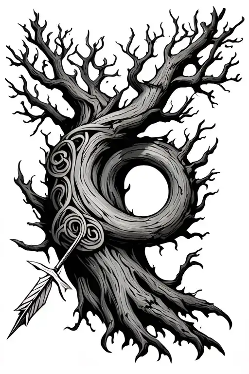 Celtic elder wood tree with arrow going tattoo design idea