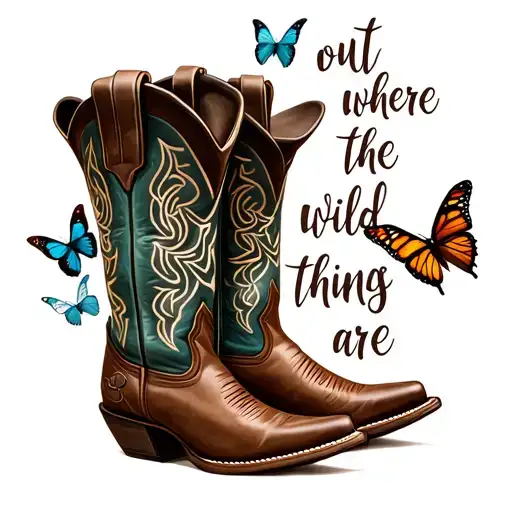 Cowboy boots and hat, with wording saying "out where the wild things are" surrounded by butterflies tattoo design idea