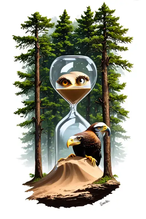 eagle eyes behind trees with hour glass with sand tattoo design idea