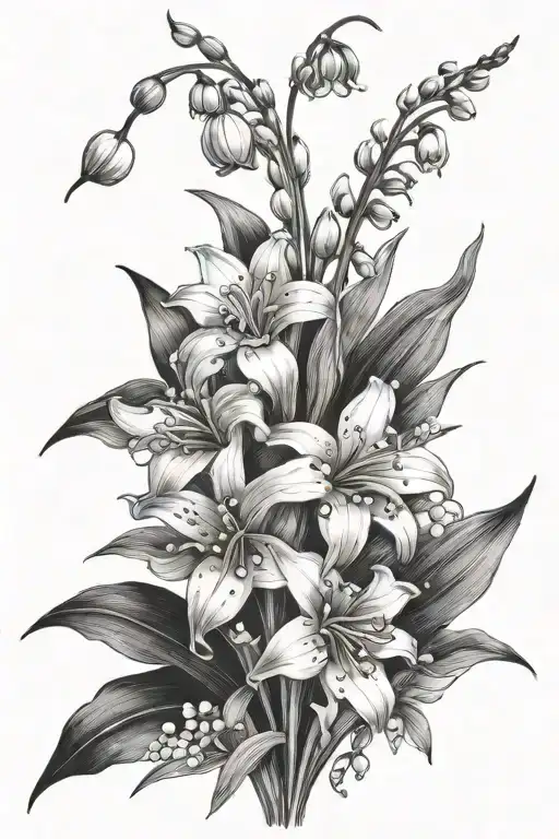 lily of the valley flower and gladiolus flower bouquet fine line tattoo design idea
