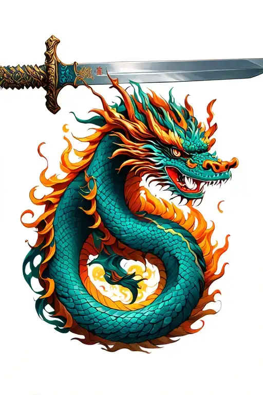 chinese dragon coiled around a sword intertwined tattoo design idea