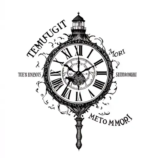 clock with text "TEMPUS FUGIT" above and "MEMENTO MORI" below and a lighthouse in the clock tattoo design idea