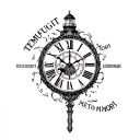 clock with text "TEMPUS FUGIT" above and "MEMENTO MORI" below and a lighthouse in the clock tattoo design idea